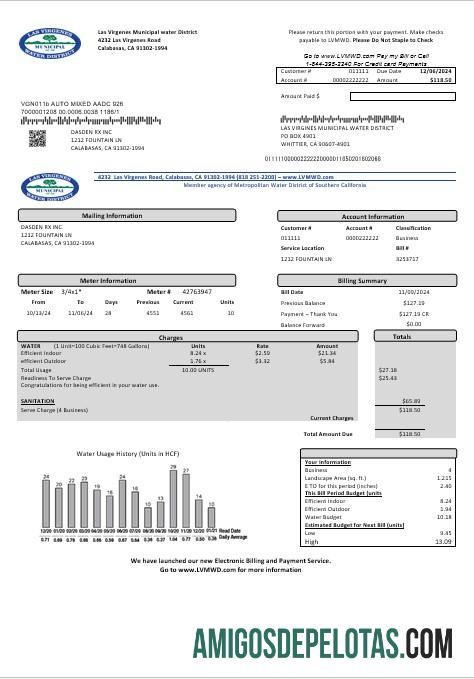Em branco modelo de conta de serviços públicos do distrito municipal de água de Las Virgenes, Califórnia, EUA, em formatos Word e PDF
